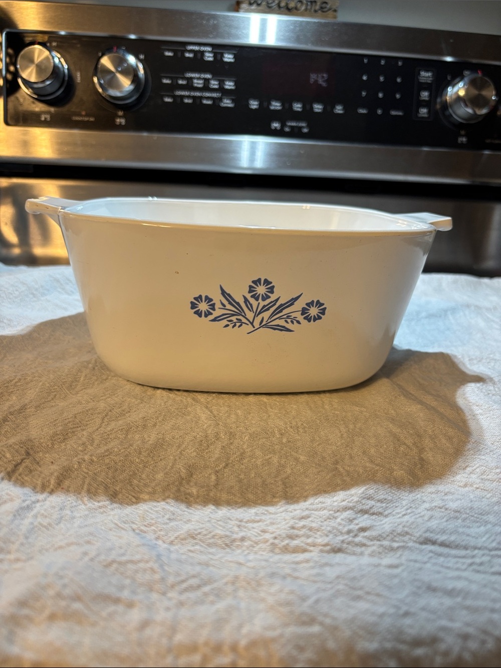 Corningware White Casserole Dish with Blue Floral Pattern